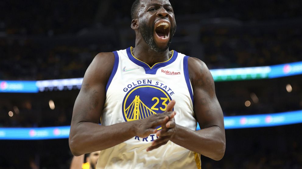 Golden State Warriors forward Draymond Green (23) reacts during the second half of Game 1 of basketball's NBA Finals against the Boston Celtics in San Francisco, Thursday, June 2, 2022. (AP Photo/Jed Jacobsohn)