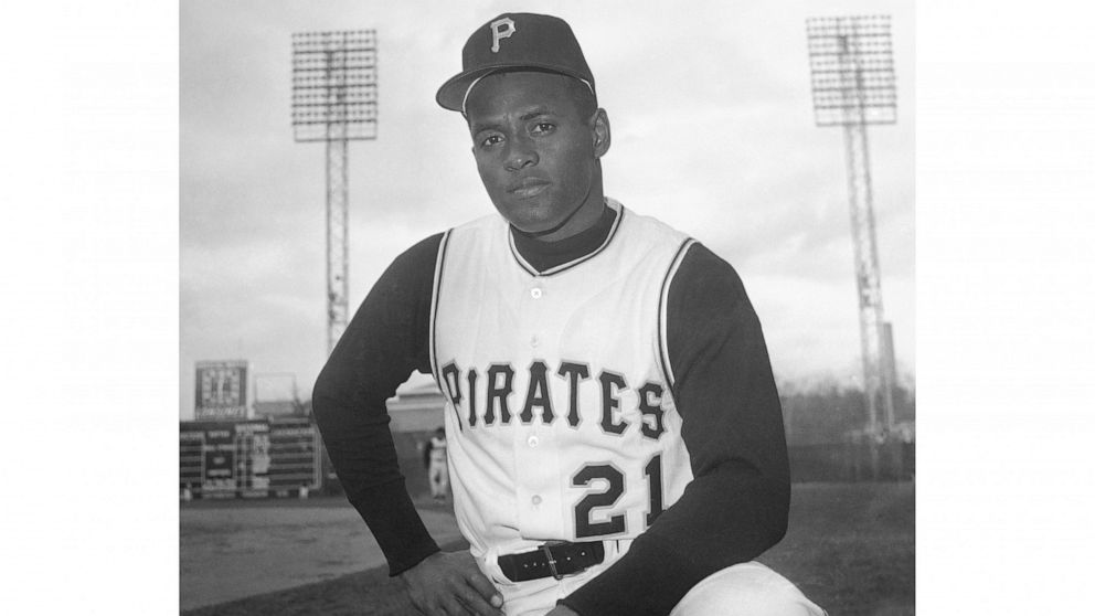 FILE - Roberto Clemente of the Pittsburgh Pirates is seen in Tampa, Fla., March 3, 1963. Major League Baseball celebrates its annual Roberto Clemente Day, Thursday, Sept. 15, 2022, honoring the Hall of Fame outfielder in the 50th anniversary year of 