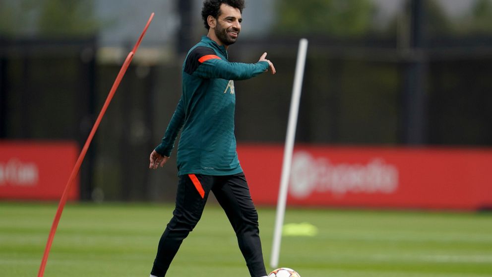 Liverpool's Mohamed Salah controls the ball during a media day and training session ahead of the Champions League final at the training centre in Liverpool, England, Wednesday, May 25, 2022. Liverpool will face Real Madrid in the Champions League fin
