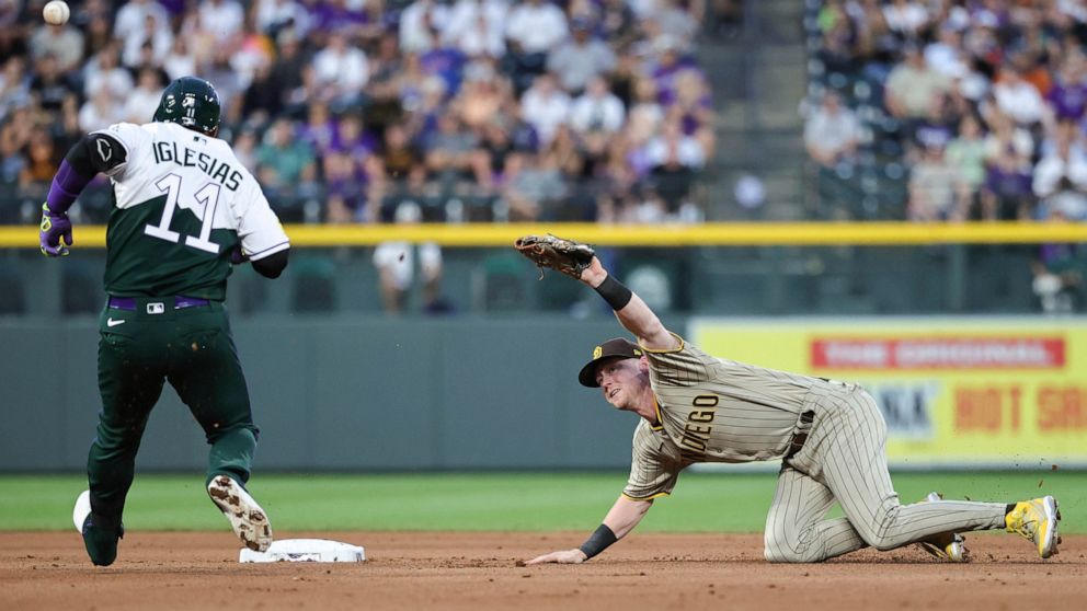 San Diego Padres shortstop Jake Cronenworth, right, tries to tag out Colorado Rockies' Jose Iglesias (11) in the fourth inning of a baseball game Saturday, June 18, 2022, in Denver. (AP Photo/Margaret Bowles)