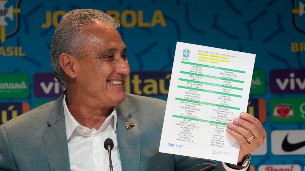 Brazil's soccer team coach Tite announces his list of players for the 2022 Soccer World Cup in Qatar at a news conference in Rio de Janeiro, Brazil, Monday, Nov.7 , 2022. (AP Photo/Silvia Izquierdo)