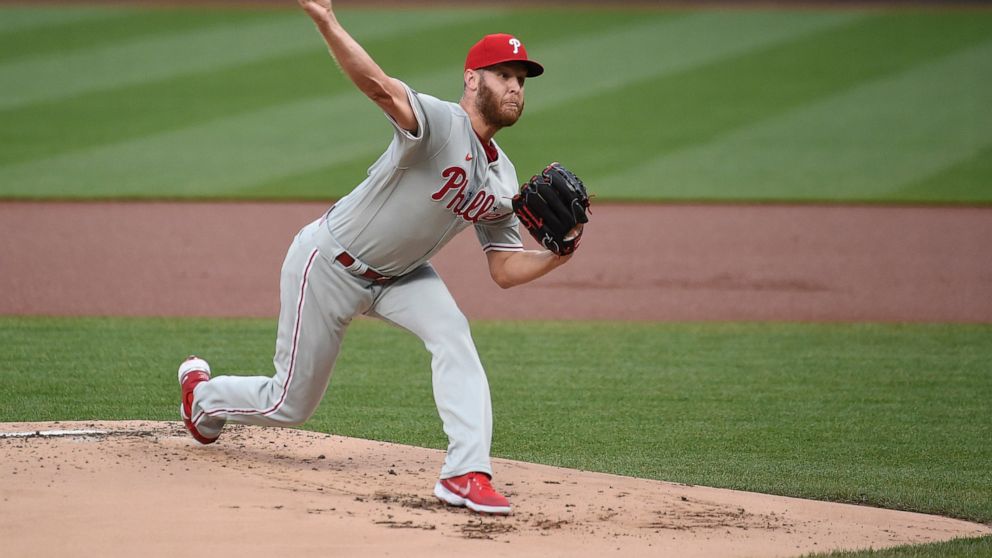Philadelphia Phillies starting pitcher Zack Wheeler throws during the first inning of a baseball game against the St. Louis Cardinals Monday, April 26, 2021, in St. Louis. (AP Photo/Joe Puetz)
