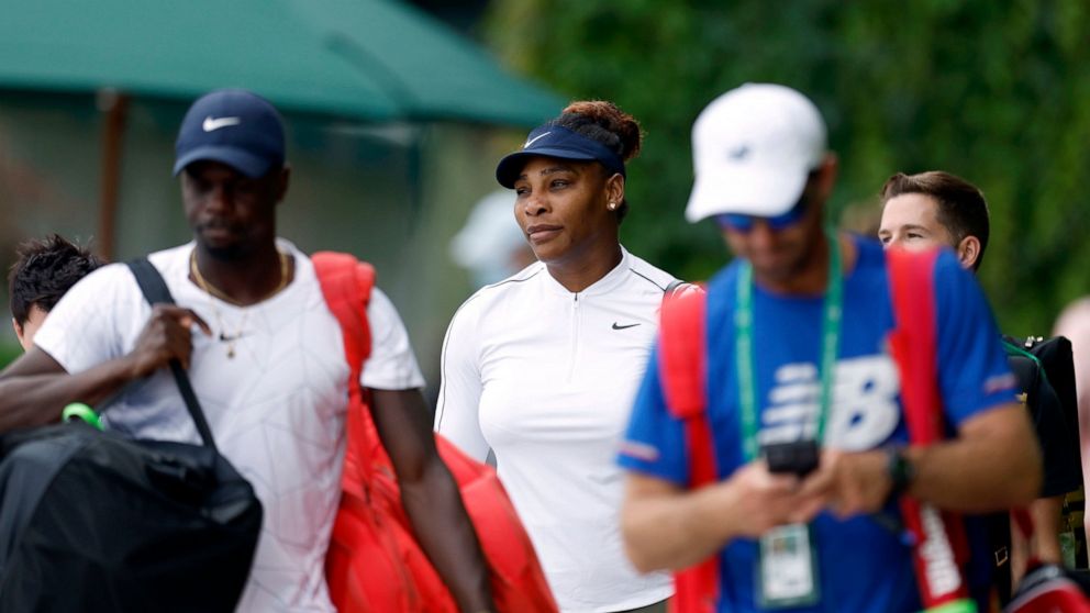 Serena Williams walks to the practice courts ahead of the 2022 Wimbledon Championships at the All England Lawn Tennis and Croquet Club, Wimbledon, england, Thursday June 23, 2022. (Steven Paston/PA via AP)