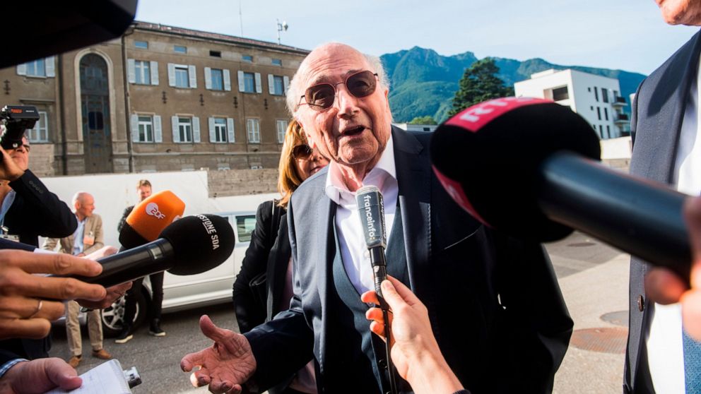 The former president of the World Football Association (FIFA), Joseph Blatter, speaks as he arrives at the Swiss Federal Criminal Court in Bellinzona, Switzerland, Wednesday, June 8, 2022. Blatter and the former president of the the European Football