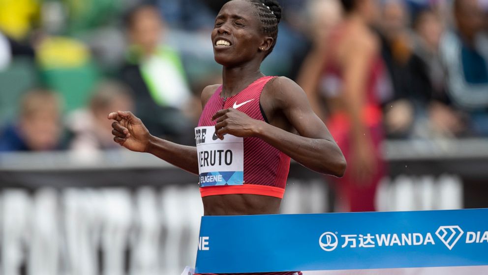 Kazakhstan's Norah Jeruto wins the women's 3,000-meter steeplechase during the Prefontaine Classic track and field meet Saturday, May 28, 2022, in Eugene, Ore. (AP Photo/Amanda Loman)