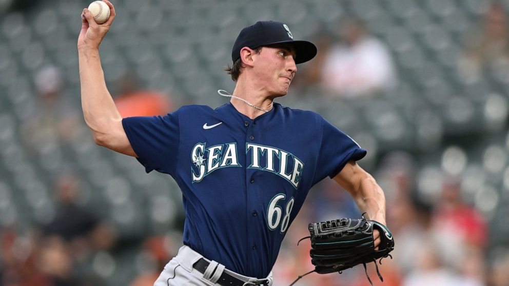 Seattle Mariners pitcher George Kirby throws against the Baltimore Orioles in the first inning of a baseball game Tuesday, May 31, 2022, in Baltimore. (AP Photo/Gail Burton)