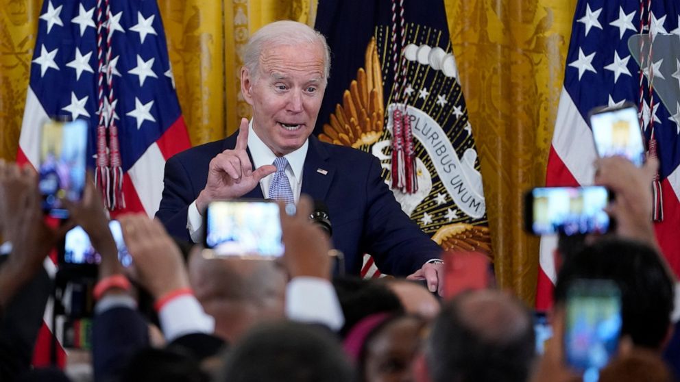 President Joe Biden speaks during a reception to celebrate Eid al-Fitr in the East Room of the White House in Washington, Monday, May 2, 2022. (AP Photo/Susan Walsh)