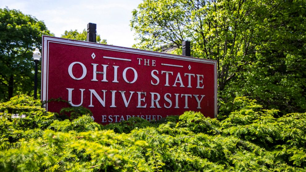 FILE - A sign for Ohio State University stands in Columbus, Ohio, on May 8, 2019. A federal appeals court ruling Wednesday, Sept. 14, 2022, revives unsettled lawsuits against Ohio State University over decades-old sexual abuse by the late team doctor