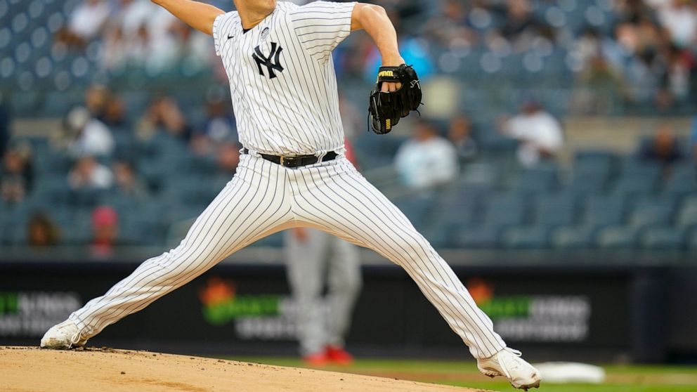 New York Yankees' Jameson Taillon pitches during the first inning in the second baseball game of the team's doubleheader against the Los Angeles Angels on Thursday, June 2, 2022, in New York. (AP Photo/Frank Franklin II)