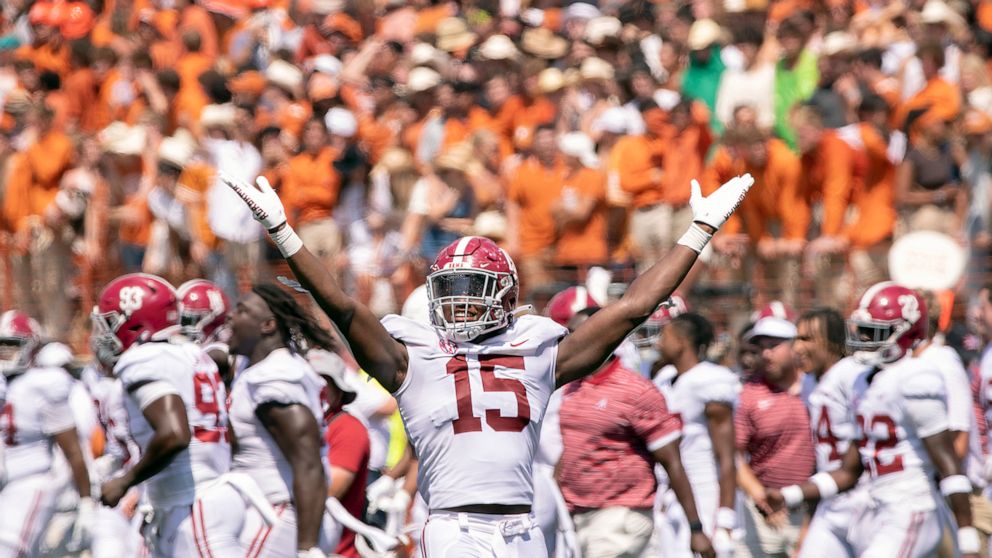 Alabama linebacker Dallas Turner (15) celebrates the end of the game as time runs out for Texas during the second half of an NCAA college football game, Saturday, Sept. 10, 2022, in Austin, Texas. Alabama defeated Texas 20-19. (AP Photo/Rodolfo Gonzalez)