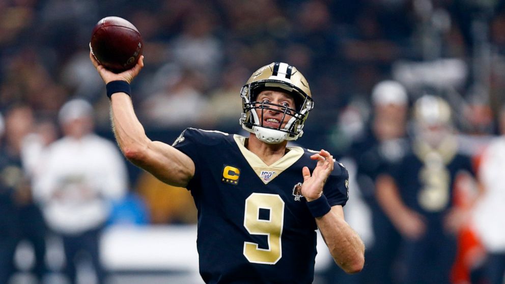 New Orleans Saints quarterback Drew Brees (9) passes in the first half of an NFL football game against the Houston Texans in New Orleans, Monday, Sept. 9, 2019. (AP Photo/Butch Dill)