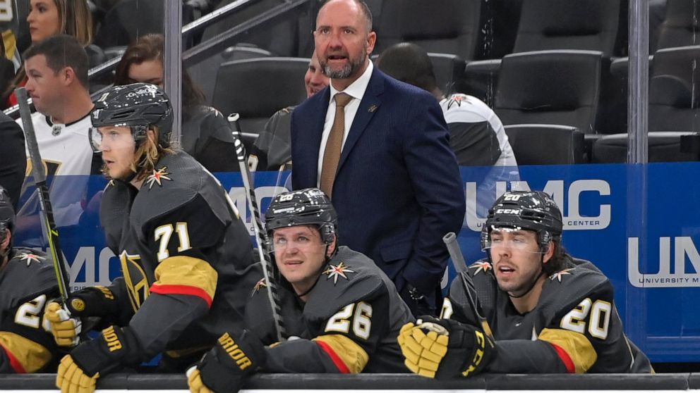 FILE - Vegas Golden Knights coach Peter DeBoer watches from the bench during the third period of the team's NHL hockey game against the Nashville Predators on Thursday, March 24, 2022, in Las Vegas. The Dallas Stars announced Tuesday, June 21, 2022, 