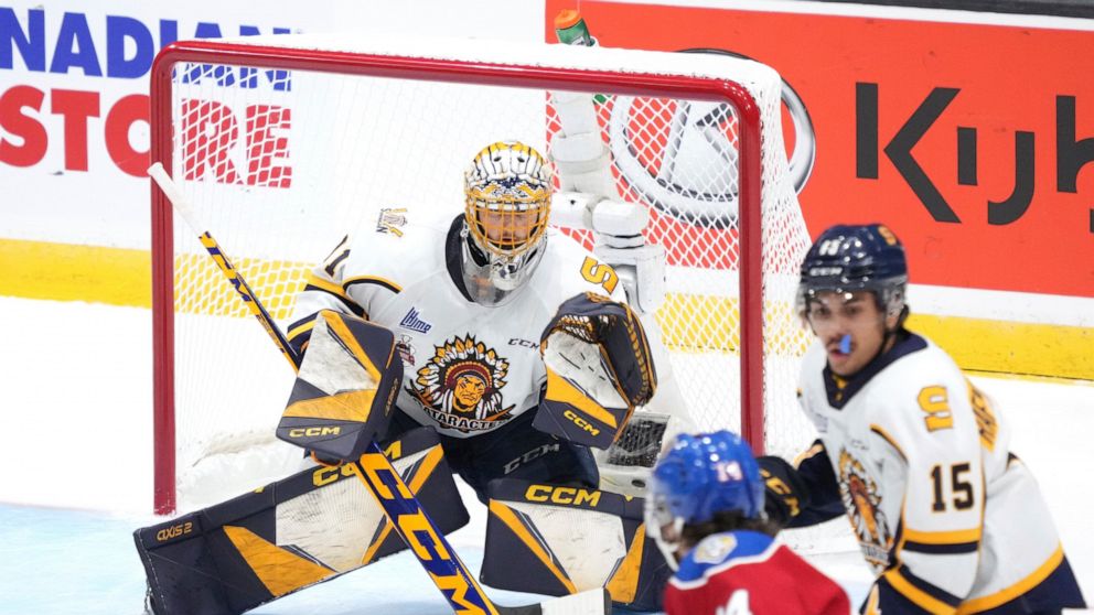 Shawinigan Cataractes goaltender Charles-Antoine Lavallee makes a save during the first period of the Memorial Cup hockey game against the Edmonton Oil Kings in Saint John, New Brunswick, Tuesday, June 21, 2022. (Darren Calabrese/The Canadian Press v