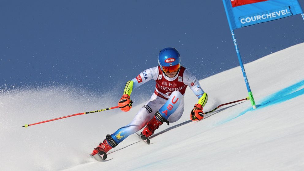 United States' Mikaela Shiffrin speeds down the course during an alpine ski, women's World Cup giant slalom, in Meribel, France, Sunday, March 20, 2022. (AP Photo/Marco Trovati)