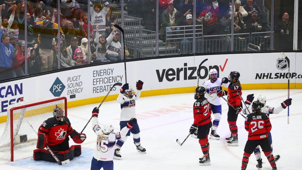 The United States celebrates after a goal by forward Hilary Knight, far right, during the third period of a Rivalry Series hockey game against Canada, Sunday, Nov. 20, 2022, in Seattle. (AP Photo/Lindsey Wasson)