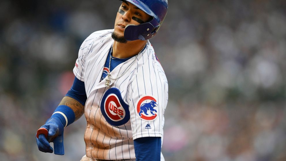Chicago Cubs' Javier Baez reacts after being forced out at first base during the fifth inning of a baseball game against the Milwaukee Brewers, Sunday, Sept. 1, 2019, in Chicago. (AP Photo/Paul Beaty)