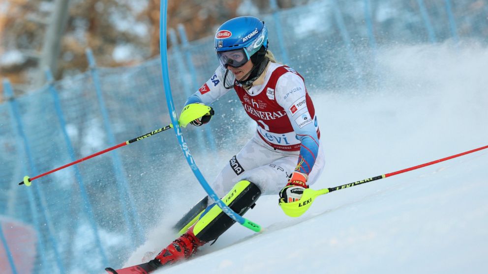United States' Mikaela Shiffrin competes during the first run of an alpine ski, World Cup women's slalom in Levi, Finland, Sunday, Nov. 21, 2021. (AP Photo/Alessandro Trovati)