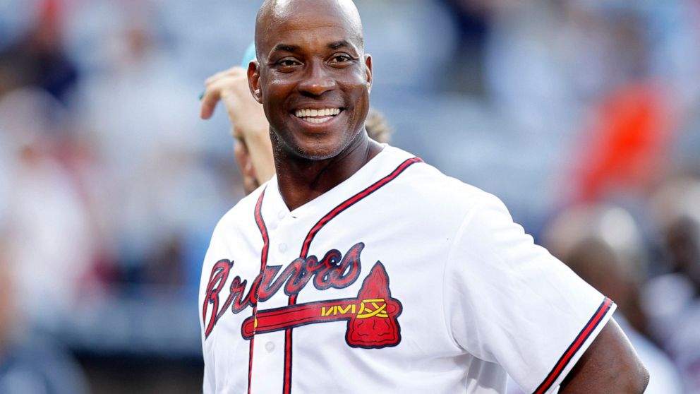 FILE - Former Atlanta Braves first baseman Fred McGriff smiles on the field before a baseball game against the Miami Marlins, Friday, Aug. 7, 2015, in Atlanta. Barry Bonds, Roger Clemens and Curt Schilling were passed over by a Baseball Hall of Fame 