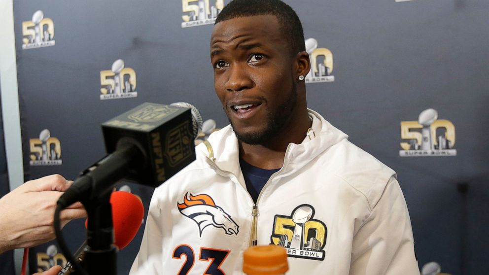 FILE - Denver Broncos running back Ronnie Hillman speaks to reporters in Santa Clara, Calif., Tuesday, Feb. 2, 2016, ahead of Super Bowl 50. Hillman, who was part of the Denver Broncos team that won Super Bowl 50, has died, his family said in a state