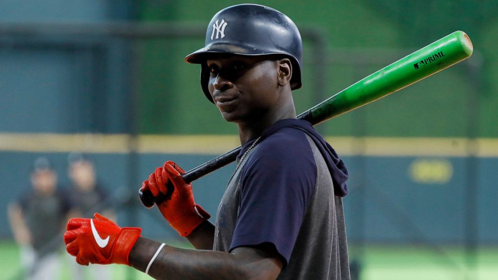 FILE - In this Saturday, Oct. 19, 2019, file photo, New York Yankees shortstop Didi Gregorius prepares to take batting practice before Game 6 of baseball's American League Championship Series against the Houston Astros in Houston. Gregorius is joinin