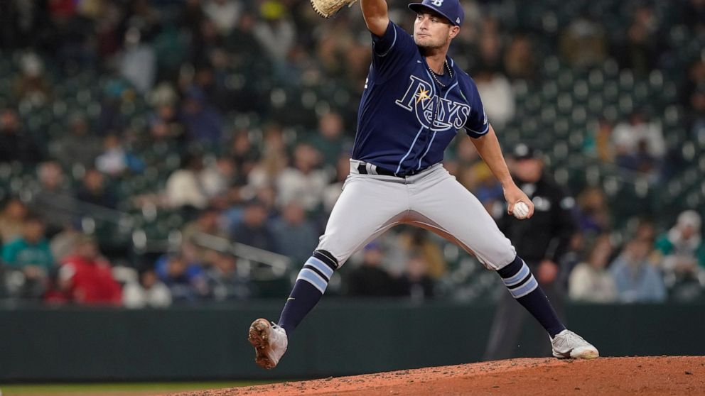 Tampa Bay Rays starting pitcher Shane McClanahan throws to a Seattle Mariners batter during the fifth inning of a baseball game, Thursday, May 5, 2022, in Seattle. (AP Photo/Ted S. Warren)