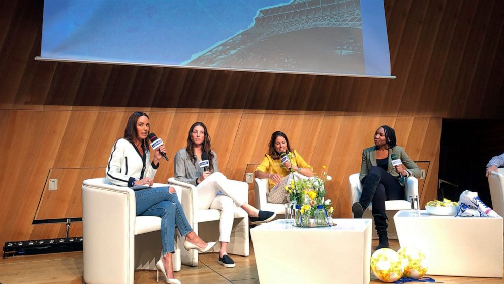 Panelist, from left, Catt Sadler, formerly of E!, hockey player Hilary Knight, retired soccer player and ESPN commentator Julie Foudy and tennis star Venus Williams discuss gender pay inequity Saturday, June 15, 2019, at a forum hosted by lUNA Bar at