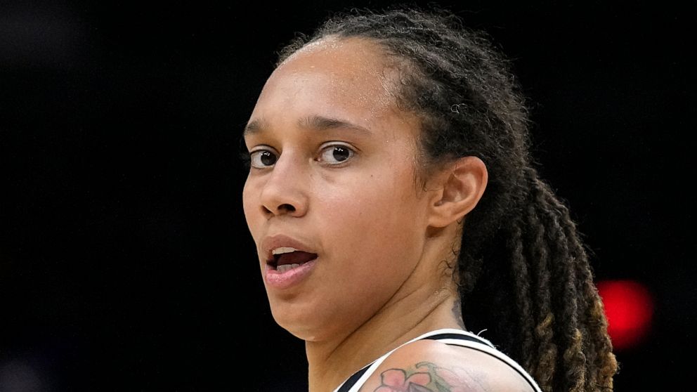 FILE - Phoenix Mercury center Brittney Griner is shown during the first half of Game 2 of basketball's WNBA Finals against the Chicago Sky, Oct. 13, 2021, in Phoenix. Griner, a seven-time WNBA All-Star who plays for the Phoenix Mercury, was detained 