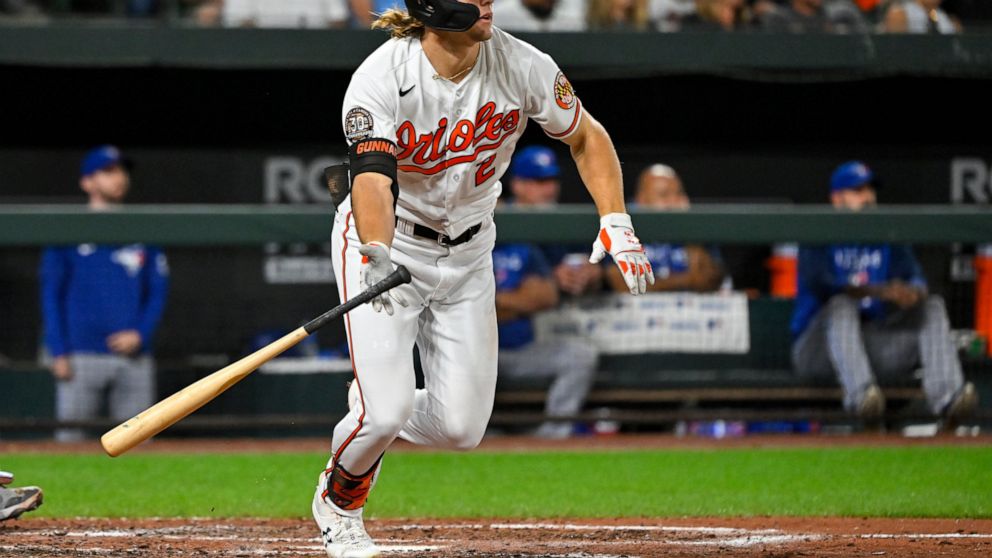 Baltimore Orioles' Gunnar Henderson watches his RBI single against the Toronto Blue Jays during the third inning of a baseball game Tuesday, Sept. 6, 2022, in Baltimore. (AP Photo/Terrance Williams)