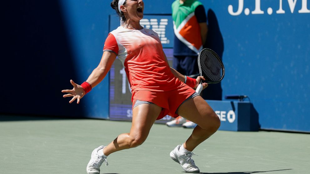 Ons Jabeur, of Tunisia, reacts after defeating Shelby Rogers, of the United States, during the third round of the U.S. Open tennis championships, Friday, Sept. 2, 2022, in New York. (AP Photo/Jason DeCrow)
