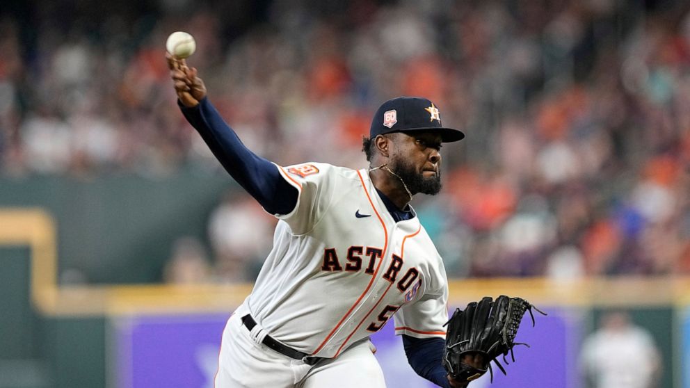 Houston Astros starting pitcher Cristian Javier throws against the Tampa Bay Rays during the first inning of a baseball game Saturday, Oct. 1, 2022, in Houston. (AP Photo/David J. Phillip)