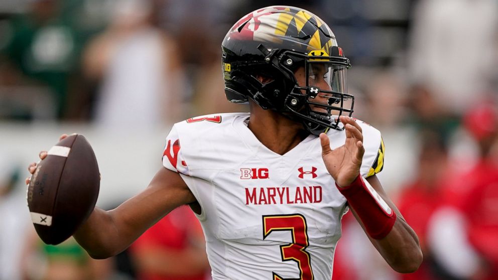 Maryland quarterback Taulia Tagovailoa passes against Charlotte during the first half of an NCAA college football game on Saturday, Sept. 10, 2022, in Charlotte, N.C. (AP Photo/Chris Carlson)