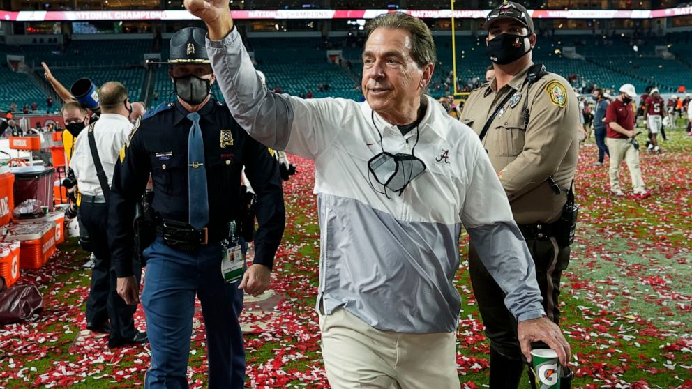 FILE - Alabama head coach Nick Saban leaves the field after their win against Ohio State in an NCAA College Football Playoff national championship game in Miami Gardens, Fla., in this Tuesday, Jan. 12, 2021, file photo. Another college football seaso