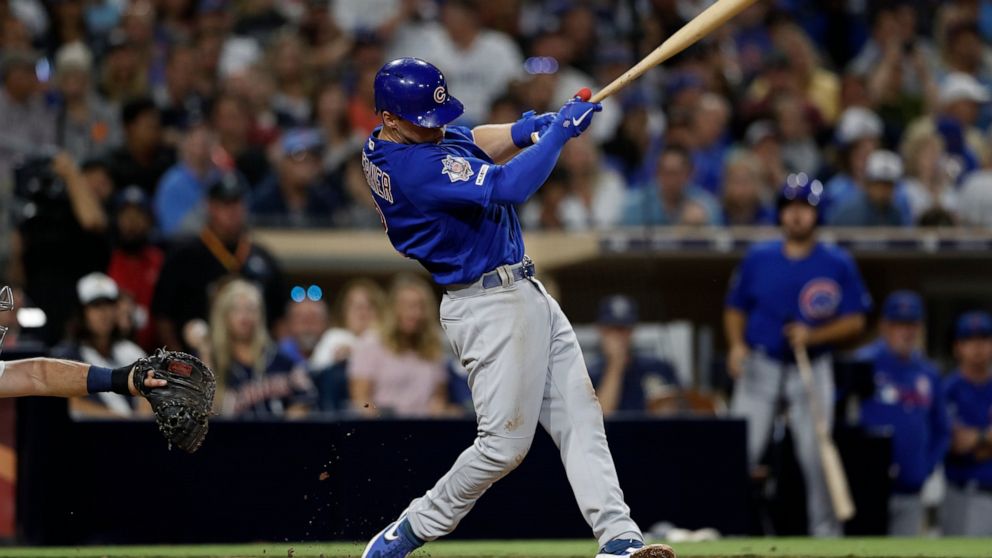 Chicago Cubs' Nico Hoerner hits a two-RBI triple during the fifth inning of a baseball game against the San Diego Padres Monday, Sept. 9, 2019, in San Diego. (AP Photo/Gregory Bull)
