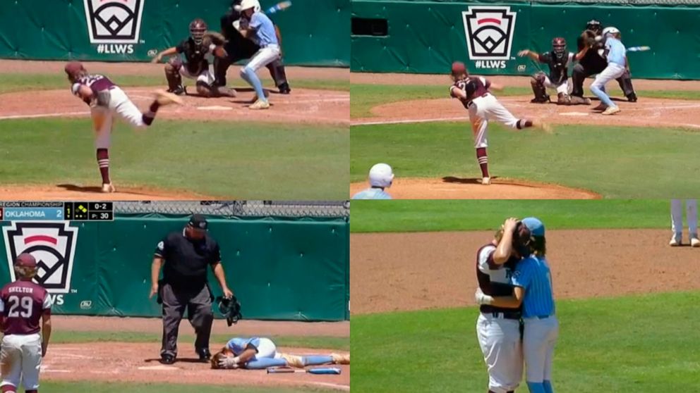 In this combination of photos from video provided by ESPN, pitcher Kaiden Shelton (29), of Pearland, Texas, throws to batter Isaiah Jarvis, of Tulsa, Okla., when an 0-2 pitch got away from him and slammed into Jarvis' helmet during a Little League So