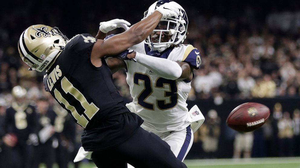 FILE - In this Jan. 20, 2019, file photo, Los Angeles Rams' Nickell Robey-Coleman breaks up a pass intended for New Orleans Saints' Tommylee Lewis during the second half of the NFL football NFC championship game in New Orleans. From the moment two of