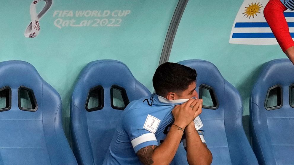 Uruguay's Luis Suarez sits on the bench during the World Cup group H soccer match between Ghana and Uruguay, at the Al Janoub Stadium in Al Wakrah, Qatar, Friday, Dec. 2, 2022. (AP PhotoThemba Hadebe)