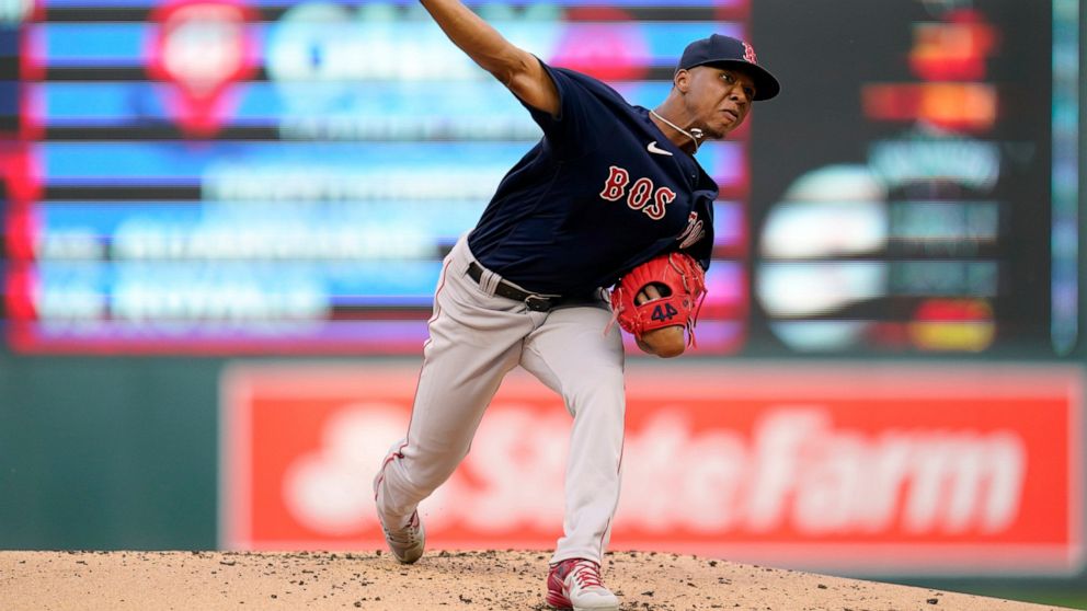 Boston Red Sox starting pitcher Brayan Bello delivers during the first inning of a baseball game against the Minnesota Twins, Monday, Aug. 29, 2022, in Minneapolis. (AP Photo/Abbie Parr)