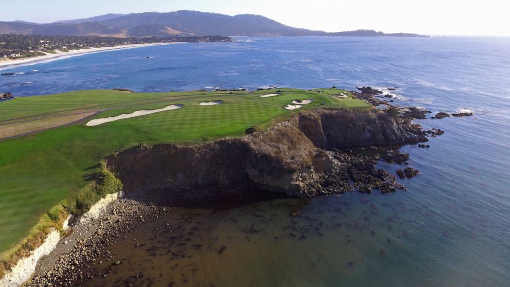 This Nov. 8, 2018 photo shows an aerial view of the sixth and seventh holes of the Pebble Beach Golf Links in Pebble Beach, Calif. The U.S. Open golf tournament is scheduled at Pebble Beach from June 13-16, 2019. (AP Photo/Terry Chea)