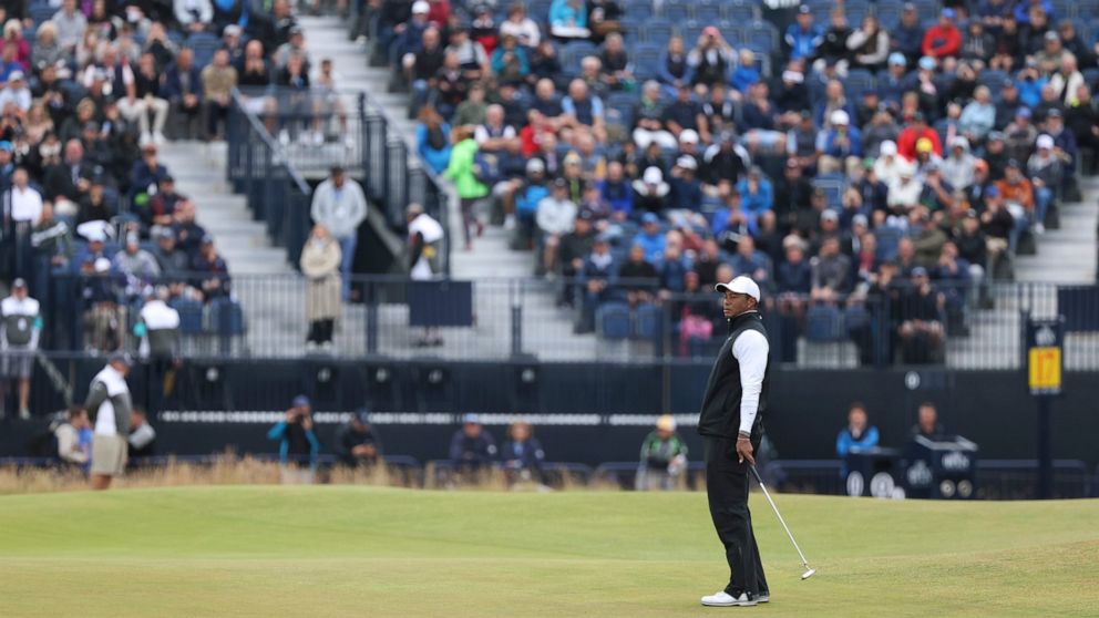 Tiger Woods of the US misses a putt on the 2nd green during the second round of the British Open golf championship on the Old Course at St. Andrews, Scotland, Friday July 15, 2022. The Open Championship returns to the home of golf on July 14-17, 2022