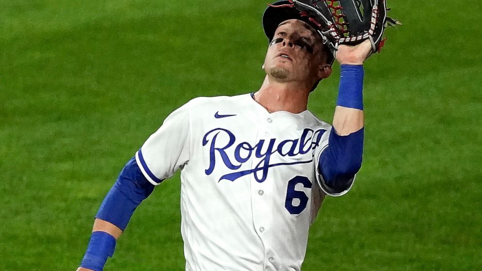 Kansas City Royals right fielder Drew Waters catches a fly ball for the out on Arizona Diamondbacks' Carson Kelly during the seventh inning of a baseball game Tuesday, Aug. 23, 2022, in Kansas City, Mo. (AP Photo/Charlie Riedel)