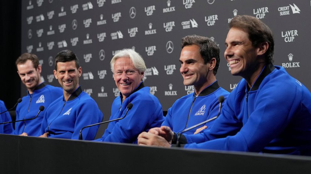 From left, Britain's Andy Murray, Serbia's Novak Djokovic, Captain Björn Borg, Switzerland's Roger Federer and Spain's Rafael Nadal attend a press conference ahead of the Laver Cup tennis tournament at the O2 in London, Thursday, Sept. 22, 2022. (AP 