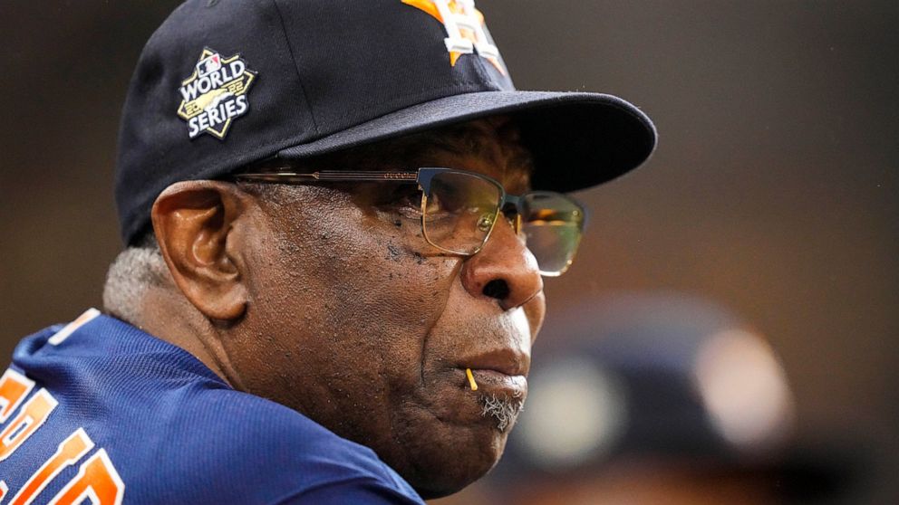 Houston Astros manager Dusty Baker Jr. watches play during the first inning in Game 6 of baseball's World Series between the Houston Astros and the Philadelphia Phillies on Saturday, Nov. 5, 2022, in Houston. (AP Photo/David J. Phillip)