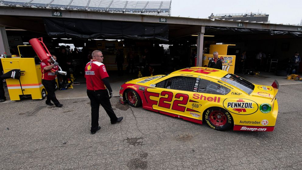 Joey Logano pulls into the garage area during practice for the NASCAR Cup Series auto race, Saturday, May 4, 2019, at Dover International Speedway in Dover, Del. (AP Photo/Jason Minto)