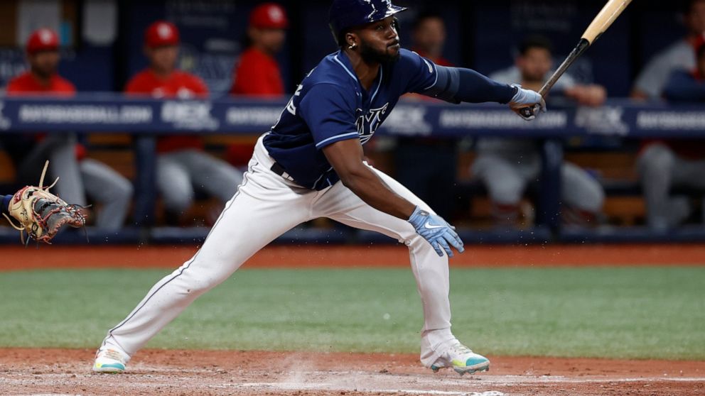 Tampa Bay Rays' Randy Arozarena drives in a run against the St. Louis Cardinals with a groundout during the sixth inning of a baseball game Wednesday, June 8, 2022, in St. Petersburg, Fla. (AP Photo/Scott Audette)