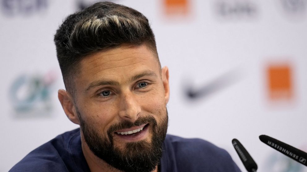 France's Olivier Giroud answers a question during a press conference at the Jassim Bin Hamad stadium in Doha, Qatar, Tuesday, Dec. 6, 2022. France will play against England during their World Cup quarter-final soccer match on Dec. 10. (AP Photo/Chris