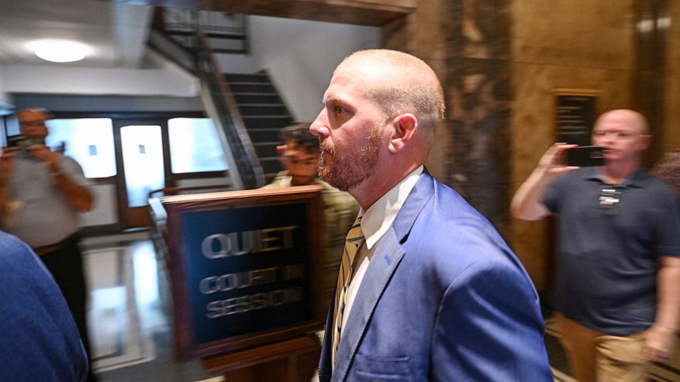 FILE - Former Kansas City Chiefs assistant coach Britt Reid walks to a courtroom at the Jackson County Courthouse on Sept. 12, 2022, in Kansas City, Mo. Reid is scheduled to be sentenced on Friday, Oct. 28, 2022, for driving drunk and speeding before
