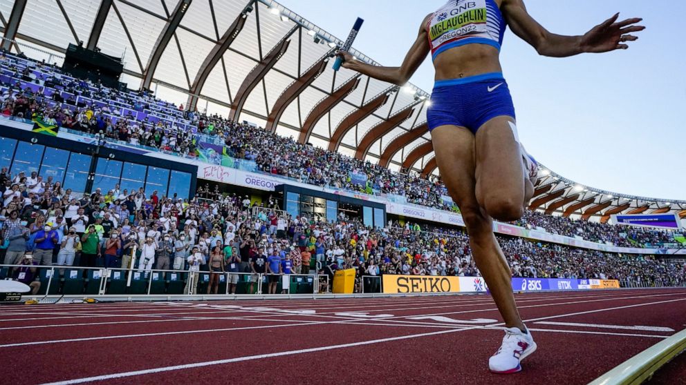 Sydney Mclaughlin, of the United States, wins the women's 4x400-meter relay final at the World Athletics Championships on Sunday, July 24, 2022, in Eugene, Ore. (AP Photo/David J. Phillip)