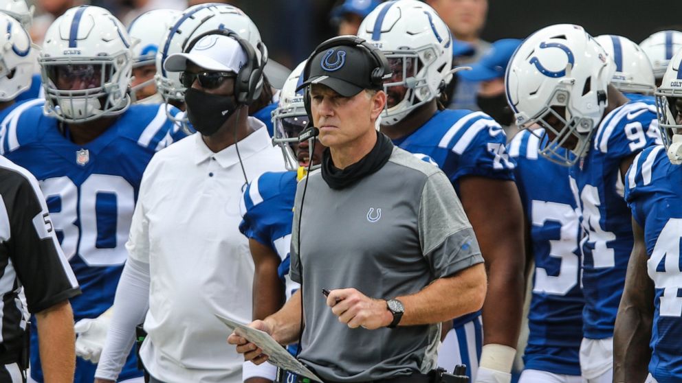 FILE - Indianapolis Colts defensive coordinator Matt Eberflus is shown during the first half of an NFL football game against the Jacksonville Jaguars, Sunday, Sept. 13, 2020, in Jacksonville, Fla. Matt Eberflus is the new coach of the Chicago Bears, 