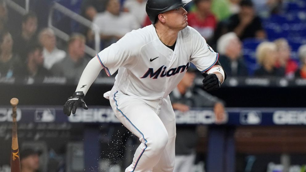 Miami Marlins' Nick Fortes (54) follows his home run into center field during the second inning of a baseball game against the San Diego Padres, Tuesday, Aug. 16, 2022, in Miami. (AP Photo/Marta Lavandier)