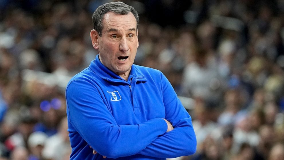 Duke head coach Mike Krzyzewski watches during the first half of a college basketball game in the semifinal round of the Men's Final Four NCAA tournament, Saturday, April 2, 2022, in New Orleans. (AP Photo/David J. Phillip)
